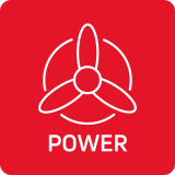 Czerwona ikona z białym symbolem trójramiennego wentylatora i napisem \'POWER\'.