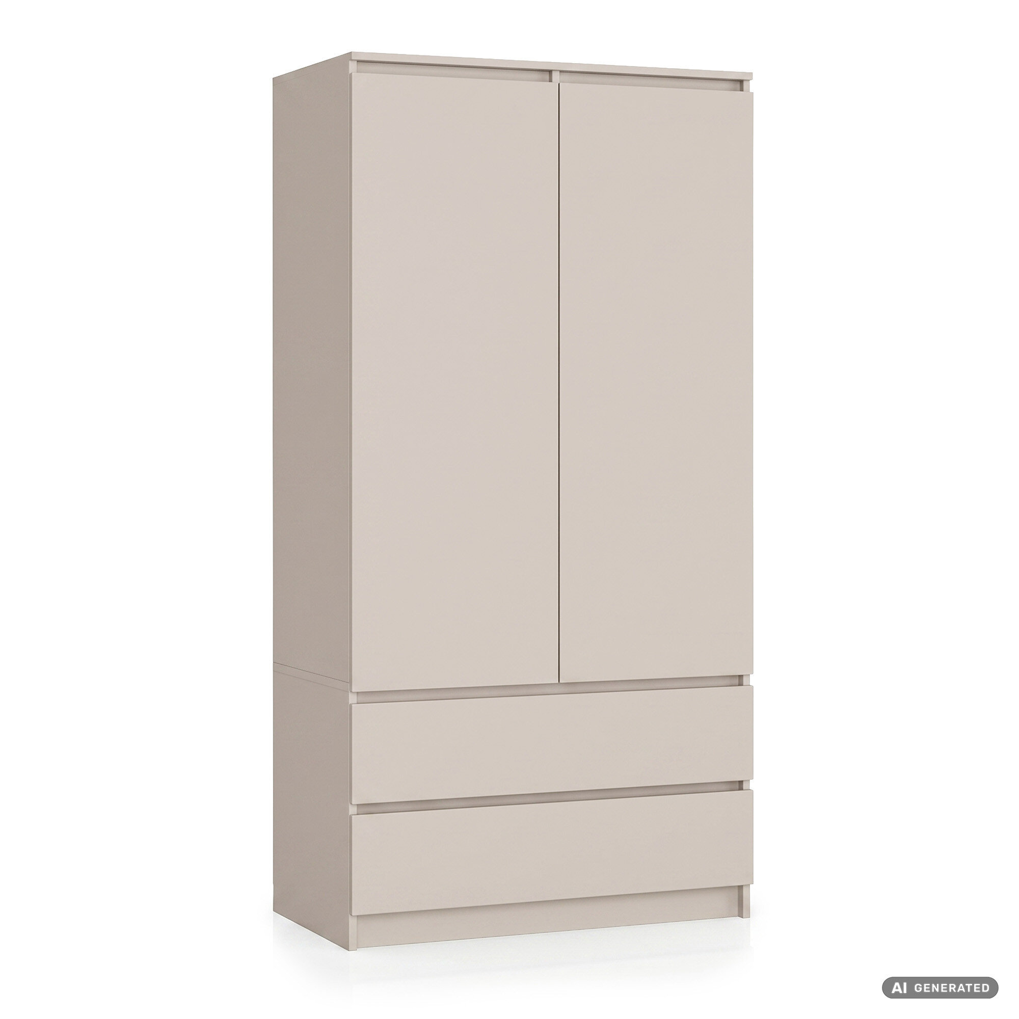 Szafa w kolorze kaszmir mat z dwoma drzwiami i dwoma szufladami. Posiada prosty, nowoczesny design.