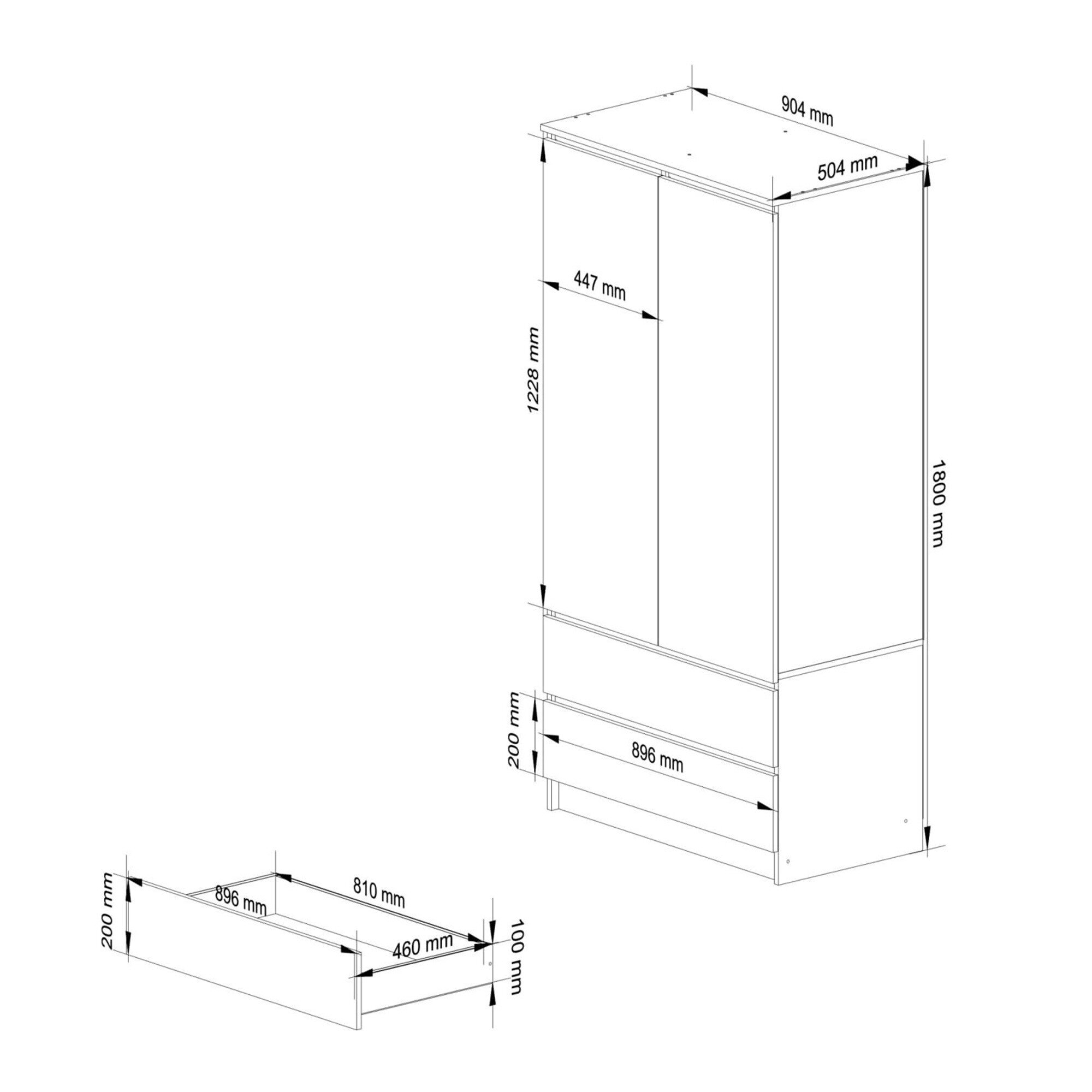 Rysunek techniczny przedstawia szafę o wymiarach 1800 mm wysokości, 904 mm szerokości i 504 mm głębokości, z dwoma drzwiami i dwiema szufladami. Dodatkowo pokazane są wymiary szuflady: 200 mm wysokości, 896 mm szerokości i 460 mm głębokości.