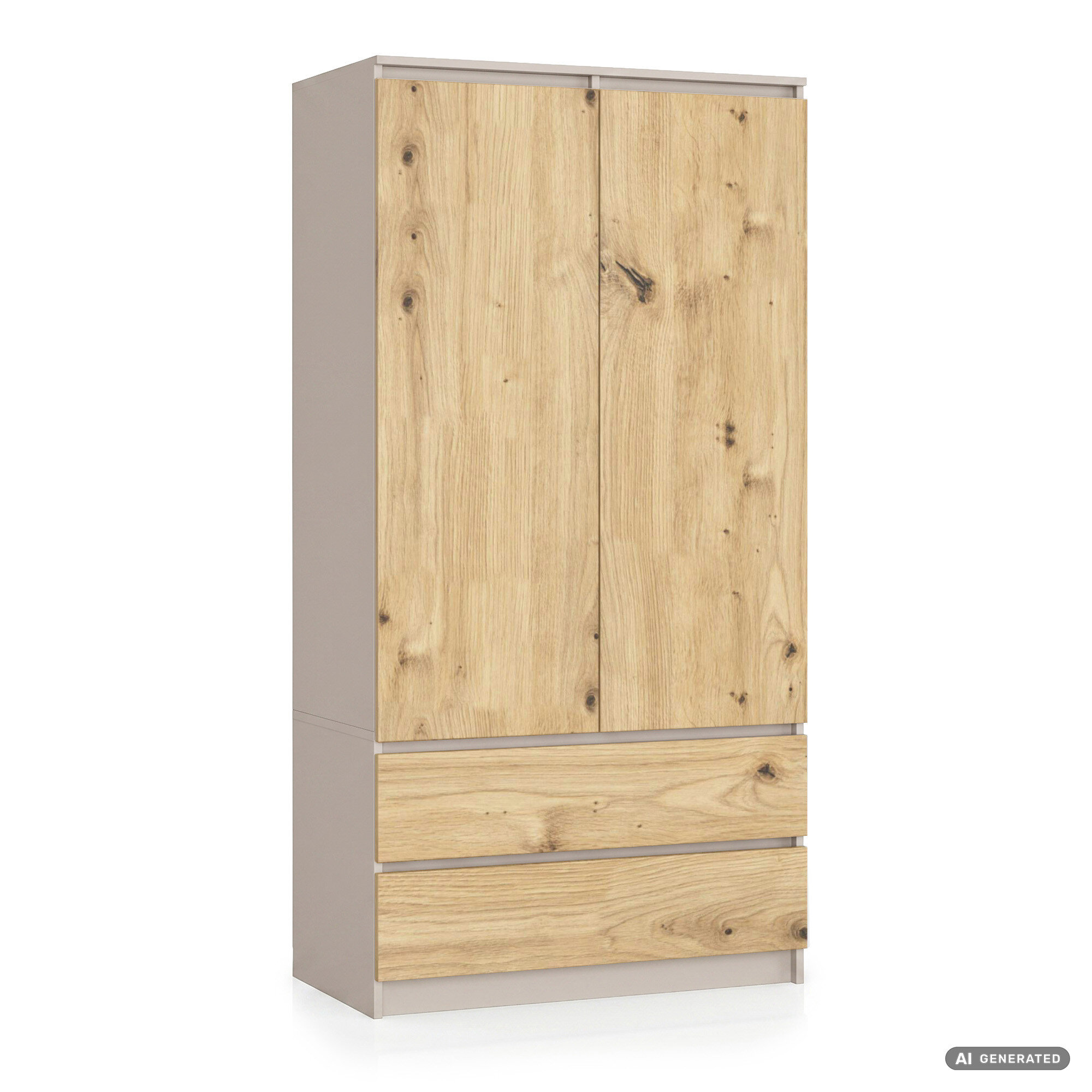 Szafa w kolorze dąb artisan z dwoma drzwiami i dwoma szufladami, o matowym wykończeniu. Widoczne są naturalne słoje drewna na powierzchni drzwi i szuflad.