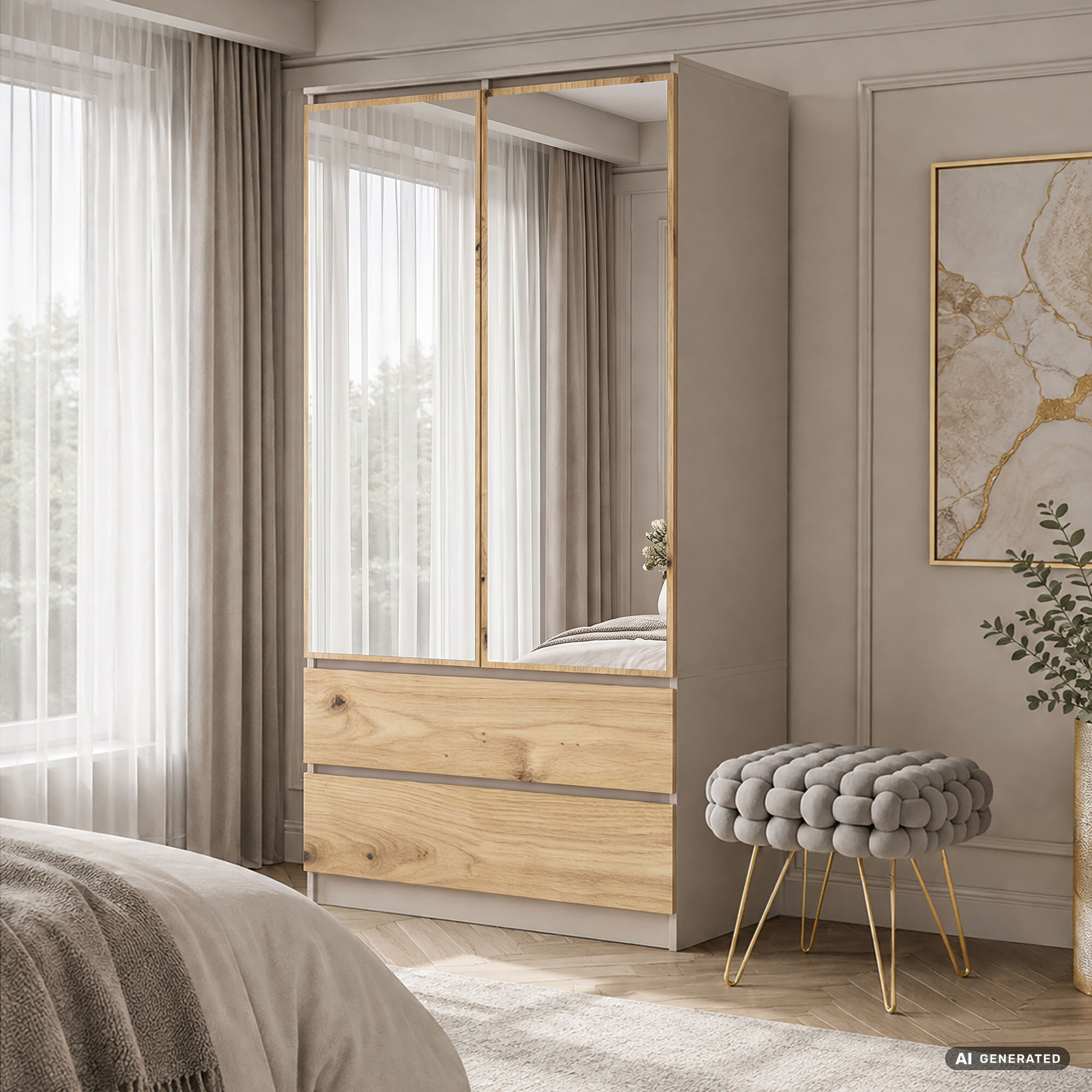 Szafa z lustrem o dwóch drzwiach i dwóch szufladach, wykonana w kolorze dąb artisan, stoi w elegancko urządzonym pokoju. Obok szafy znajduje się szary puf na złotych nogach, a na ścianie wisi obraz z abstrakcyjnym wzorem.