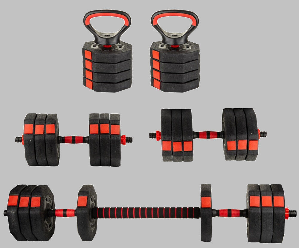 Na szarym tle widoczny jest zestaw hantli z czarnymi i czerwonymi elementami, w różnych konfiguracjach: hantle, kettlebell i sztanga.