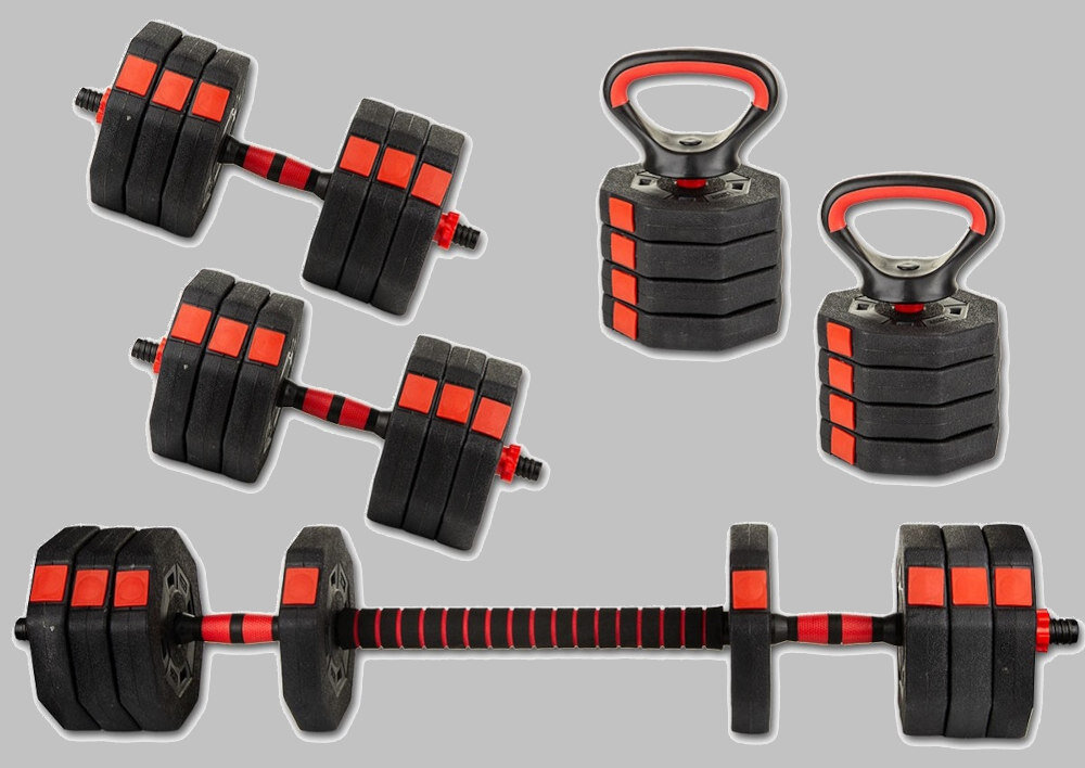 Na obrazie widoczny jest zestaw hantli z czarnymi talerzami i czerwonymi elementami. Hantle są przedstawione w różnych konfiguracjach, w tym jako hantle pojedyncze i kettlebell.