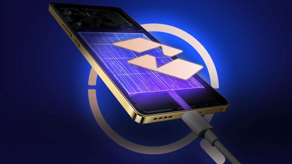 Złoty smartfon z podłączonym kablem, na ekranie widoczne są schematyczne elementy technologiczne. Tło jest niebieskie z okrągłym wzorem.