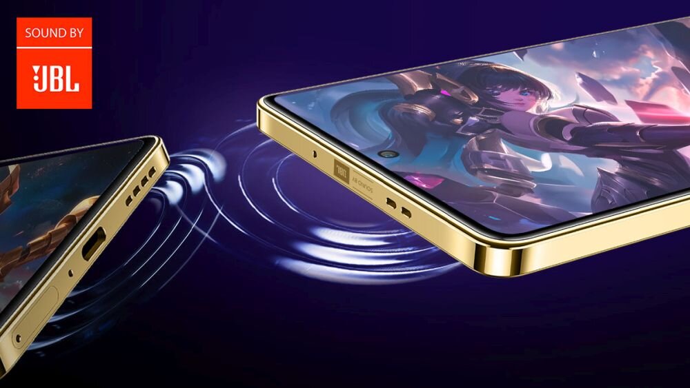 Złoty smartfon z wyświetlaczem pokazującym postać z gry, obok logo \'SOUND BY JBL\'.