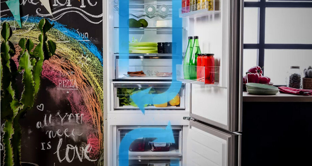 Otwarta lodówka z widocznymi produktami spożywczymi, takimi jak warzywa, napoje i słoiki. Na drzwiach lodówki znajdują się butelki i pojemniki, a obok lodówki widoczna jest kolorowa tablica z napisem \'all you need is love\'.