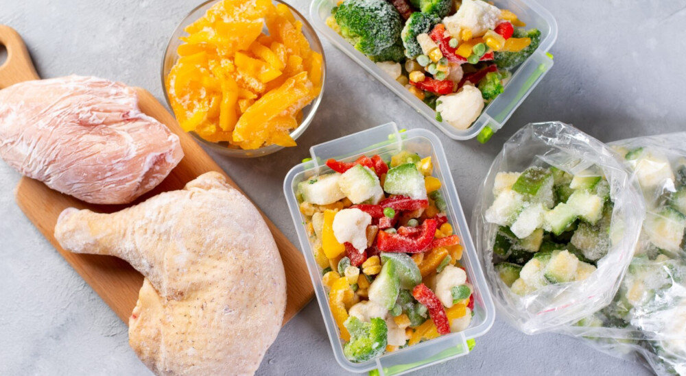 Na obrazie widoczne są zamrożone produkty spożywcze: kawałki kurczaka na desce, pokrojone mango w misce, mieszanka warzyw w plastikowych pojemnikach oraz worek z zamrożonymi warzywami. Produkty są ułożone na jasnym tle.