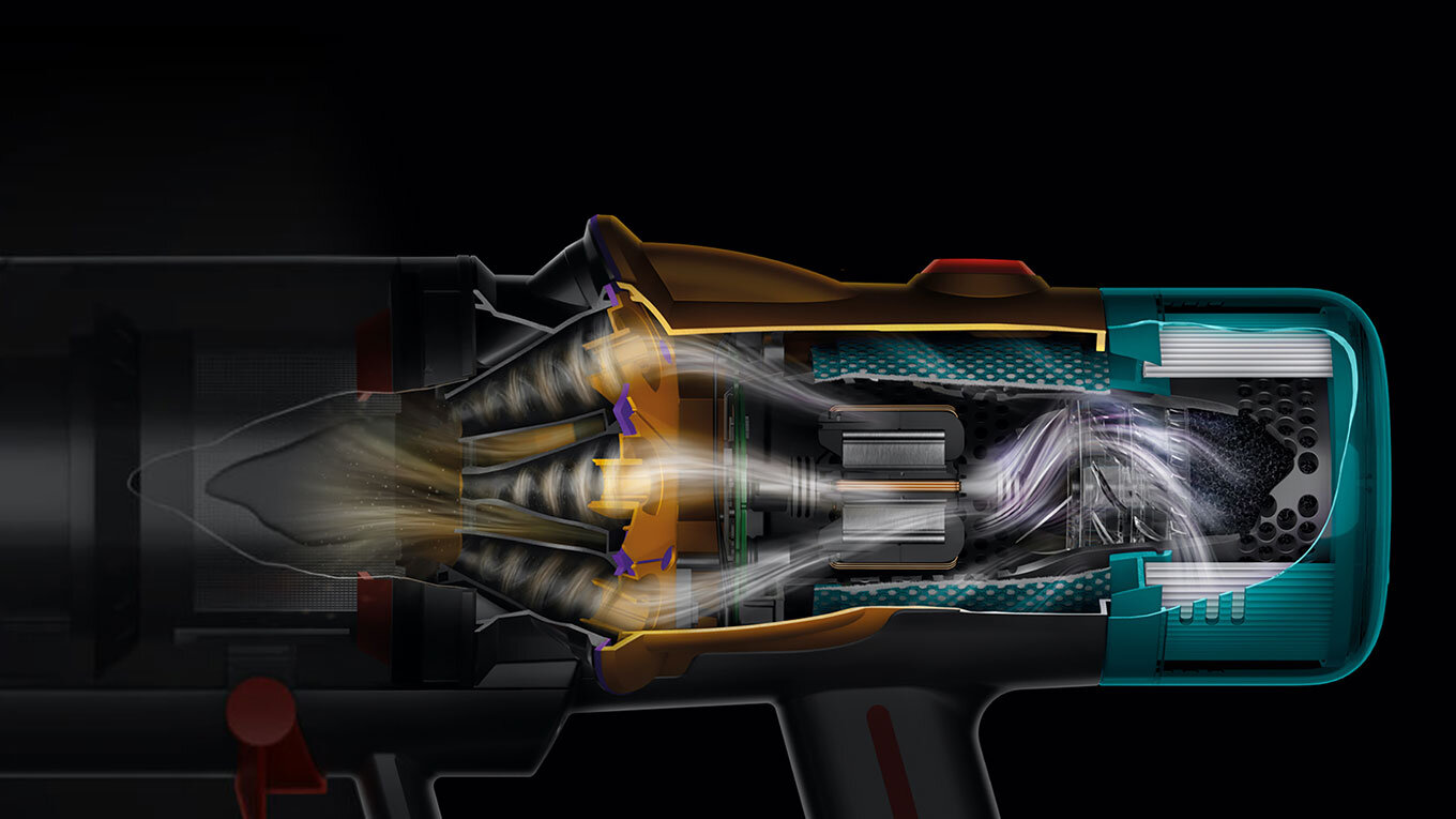 Ilustracja przedstawia przekrój technologiczny odkurzacza, ukazujący wewnętrzne komponenty i przepływ powietrza. Widoczne są różne elementy mechaniczne i filtry w kolorach czarnym, pomarańczowym i turkusowym.