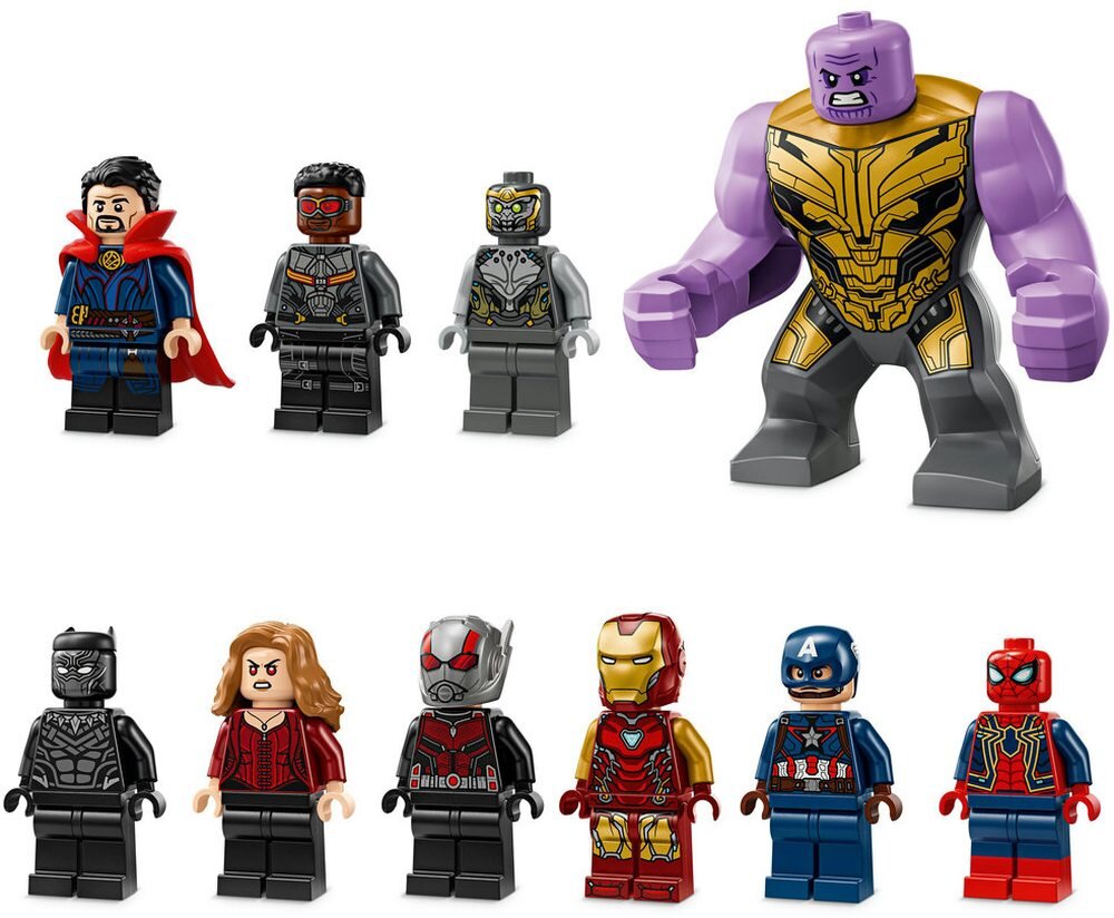 Na obrazie znajduje się dziewięć figurek LEGO przedstawiających postacie z serii Marvel Avengers. Figurka po prawej stronie jest większa i ma fioletowy kolor z żółtymi i szarymi elementami.