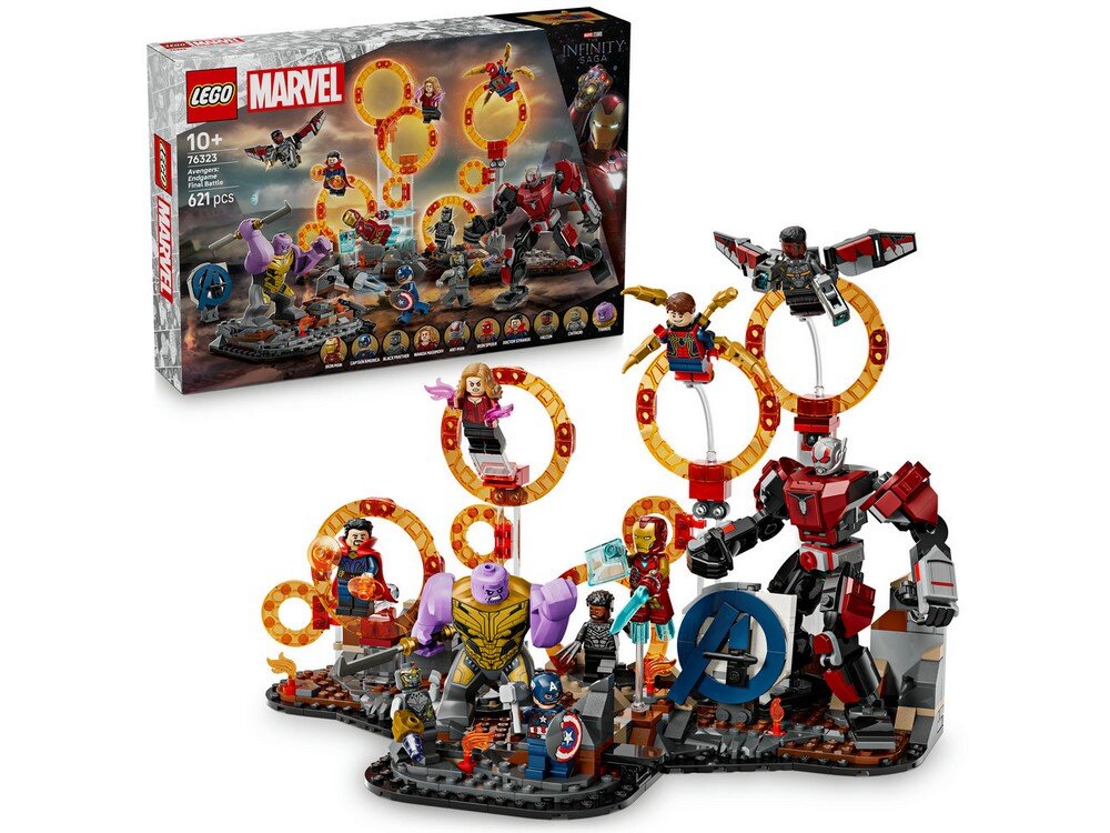 Zestaw LEGO przedstawia scenę z postaciami z serii Marvel Avengers, w tym dużą figurkę robota i kilka mniejszych figurek superbohaterów. W tle widoczny jest pudełko z logo LEGO i Marvel oraz numerem zestawu 76323.