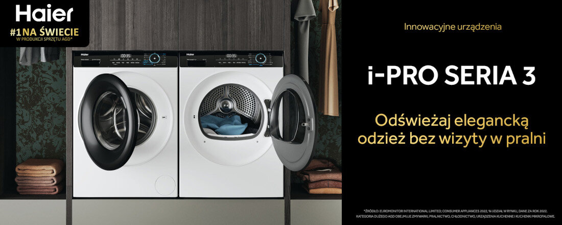 Obraz przedstawia dwie białe pralki z otwartymi drzwiczkami, z widocznymi ubraniami w środku. Po prawej stronie znajduje się tekst: \'Innowacyjne urządzenia i-PRO SERIA 3 Odświeżaj elegancką odzież bez wizyty w pralni\'.