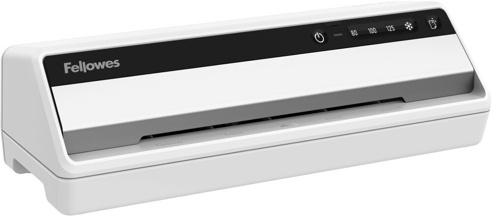 Laminator FELLOWES Saturn 3i A4 Widok urządzenia laminującego pod lekkim kątem, bez włożonego dokumentu. Widoczne są oznaczenia rozmiarów papieru oraz panel z przyciskami, przeznaczenie, wydajność, nagrzewanie, prędkość