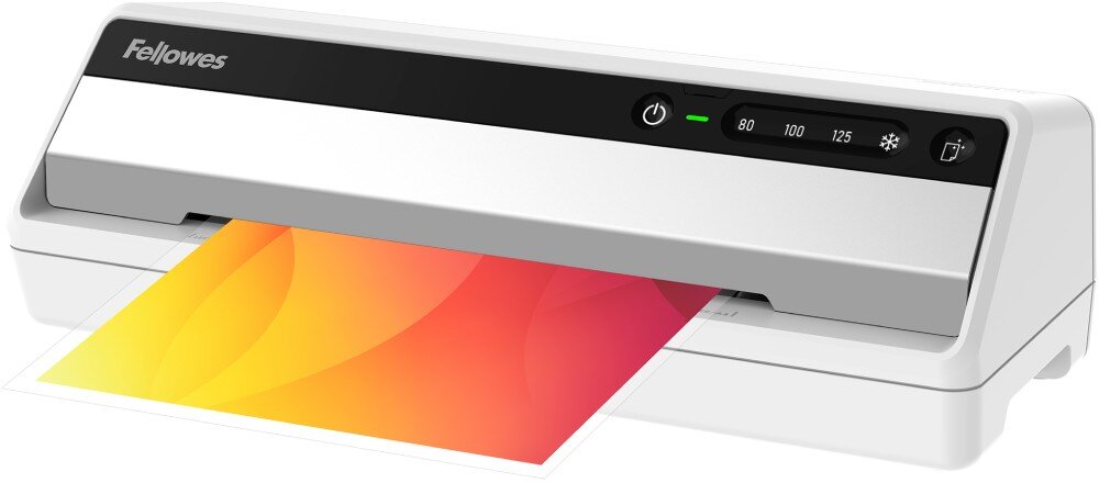 Laminator FELLOWES Saturn 3i A4 Urządzenie laminujące podczas pracy. Kolorowy dokument wychodzi z przodu urządzenia po procesie laminacji, mechanizm, funkcje, folia, kompatybilność