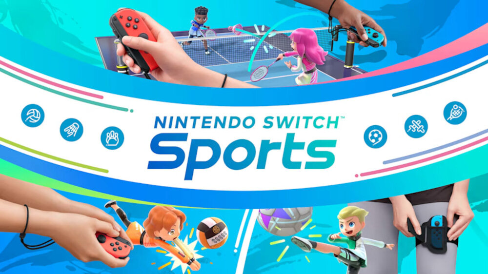 Obraz przedstawia kolorową grafikę promującą grę \'Nintendo Switch Sports\' z postaciami uprawiającymi różne sporty. Widoczne są kontrolery Nintendo Switch oraz logo gry na środku.