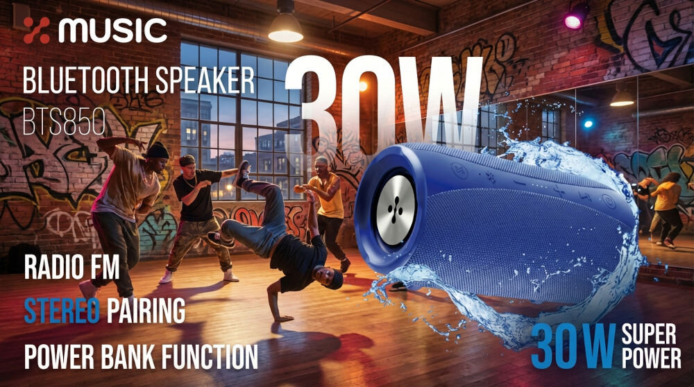 Obraz przedstawia niebieski głośnik mobilny na tle sali tanecznej z osobami tańczącymi breakdance. Widoczny tekst: \'XMUSIC BLUETOOTH SPEAKER BTS850, RADIO FM, STEREO PAIRING, POWER BANK FUNCTION, 30W SUPER POWER\'.