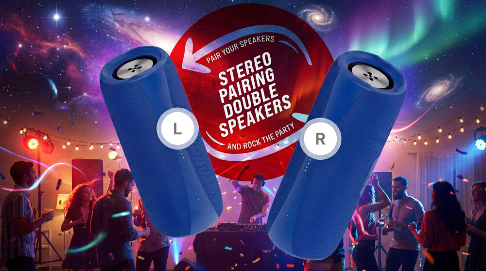 Na obrazie znajdują się dwa niebieskie głośniki z oznaczeniami \'L\' i \'R\' na tle imprezy z tańczącymi ludźmi. W centrum widoczny jest napis: \'PAIR YOUR SPEAKERS STEREO PAIRING DOUBLE SPEAKERS AND ROCK THE PARTY\'.
