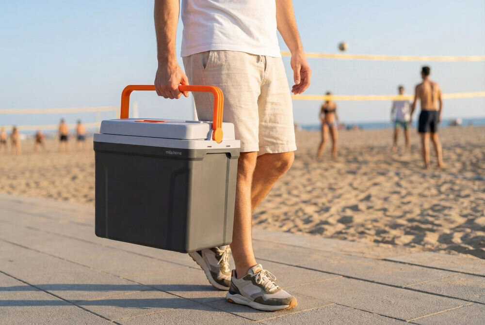 Osoba trzyma przenośną lodówkę z pomarańczowym uchwytem na plaży. Na lodówce widoczny jest napis \'milla home\'.