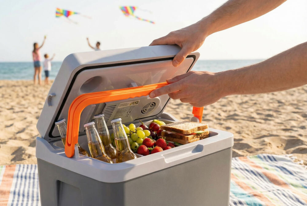 Osoba otwiera przenośną lodówkę na plaży, w której znajdują się butelki, winogrona, truskawki i kanapki. W tle widać morze i latawce na niebie.