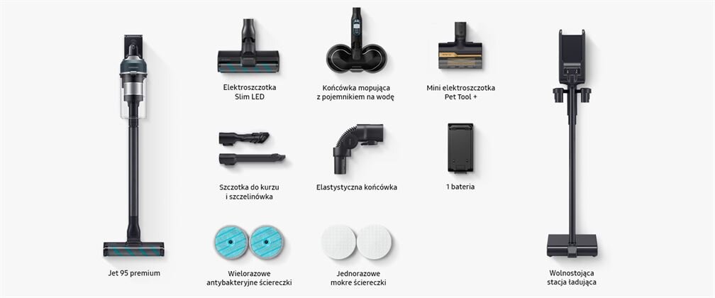 Akcesoria dla modelu VS20C954FTB/GE seria 95 Na obrazie widoczny jest odkurzacz SAMSUNG Jet 95 Premium z różnymi akcesoriami, takimi jak elektroszczotka Slim LED, końcówka mopująca z pojemnikiem na wodę, mini elektroszczotka Pet Tool+, szczotka do kurzu i szczelinówka, elastyczna końcówka, bateria, wielorazowe antybakteryjne ściereczki, jednorazowe mokre ściereczki oraz wolnostojąca stacja ładująca. Każdy element jest podpisany odpowiednim tekstem opisującym jego funkcję.