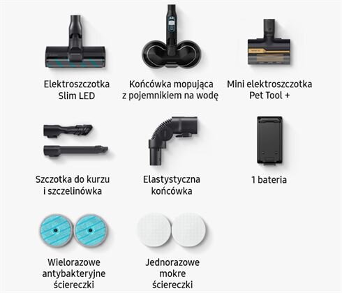 Obraz przedstawia różne akcesoria do odkurzacza, w tym elektroszczotkę Slim LED, końcówkę mopującą z pojemnikiem na wodę, mini elektroszczotkę Pet Tool +, szczotkę do kurzu i szczelinówkę, elastyczną końcówkę, baterię, wielorazowe antybakteryjne ściereczki oraz jednorazowe mokre ściereczki.