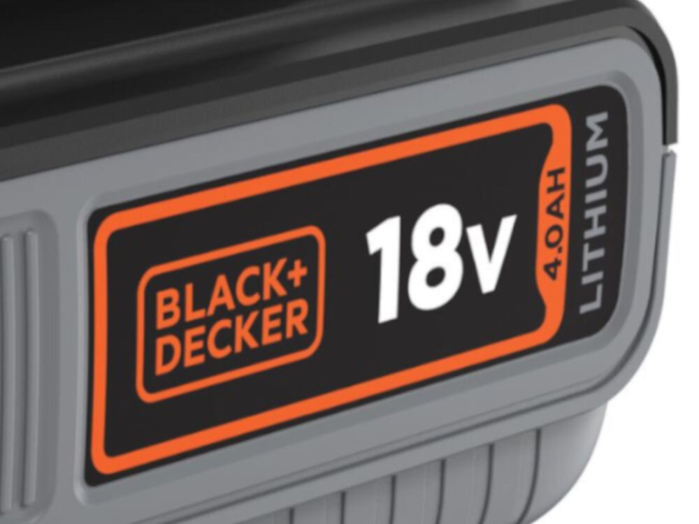 Akumulator BLACK&DECKER BL4018-XJ 4Ah 18V, napięcie, 4 Ah, 18 V, Bateria, masa, Zbliżenie na boczny napis akumulatora przedstawiający napięcie i pojemność akumulatora, wszystko na białym tle