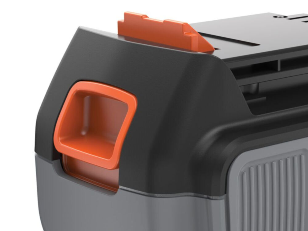 Akumulator BLACK&DECKER BL4018-XJ 4Ah 18V, warunki, system, ochrona, przegrzanie, przeciążenie, Zbliżenie na zaczep i zatrzask akumulatora, wszystko na białym tle
