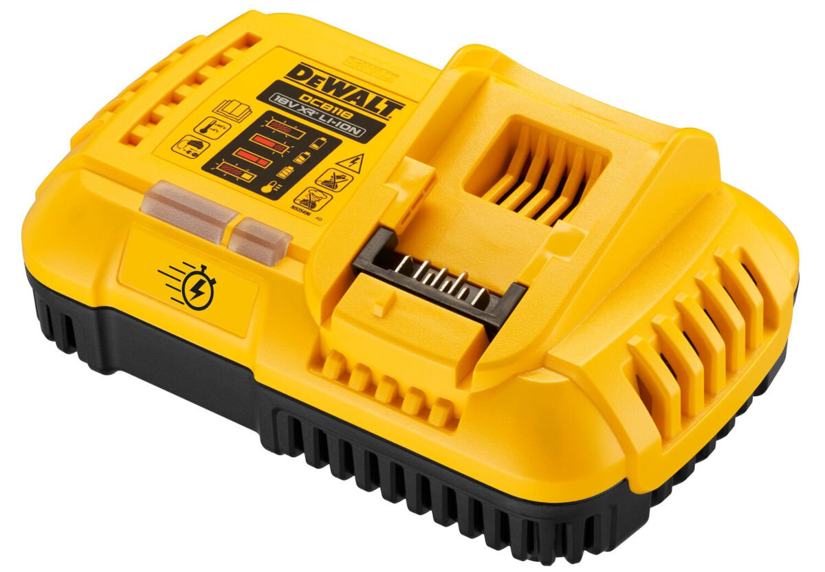 Ładowarka DEWALT DCB118-QW 18V 8A, ładowanie, zasilanie, akumulator, prąd, na białym tle ładowarka dewalt prawo skos frontem od góry