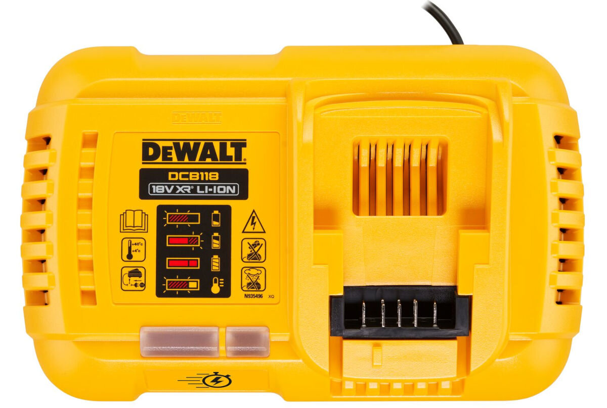 Ładowarka DEWALT DCB118-QW 18V 8A, Zaprojektowane, budowa, akumulatory, flexvolt, na białym tle ładowarka pokazany od góry