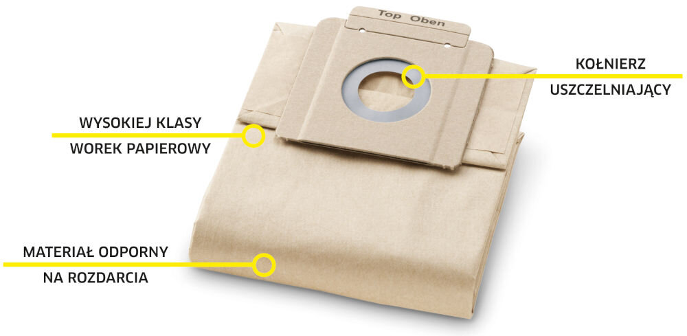 Worek do odkurzacza KARCHER 6.904-333.0 (10 sztuk) odporność na rozdarcia filtracja pyłków grube zanieczyszenia wilgotne zanieczyszczenia