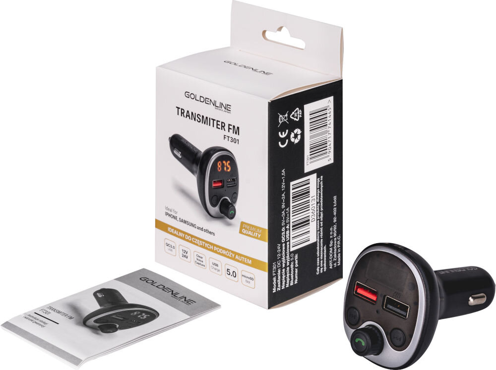 Na obrazie znajduje się opakowanie i urządzenie Transmiter FM GÖTZE & JENSEN Golden Line FT301. Opakowanie zawiera teksty: \'GOLDEN LINE TRANSMITER FM FT301\', \'Ideal for iPhone, Samsung and others\', oraz \'STWORZONY DO CZĘSTYCH PODRÓŻY AUTEM\'.