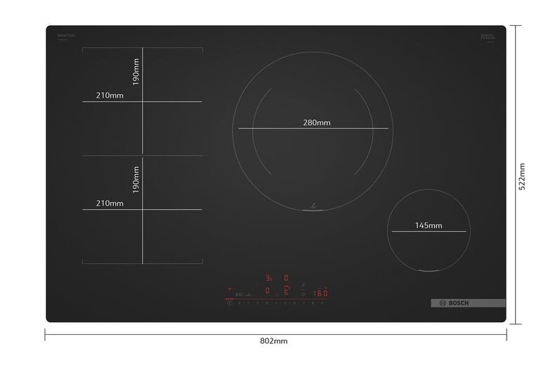 Czarna płyta indukcyjna z czterema polami grzewczymi o różnych średnicach: 210mm, 190mm, 280mm i 145mm. Na dole widoczny jest panel sterowania z czerwonymi wskaźnikami oraz logo BOSCH.