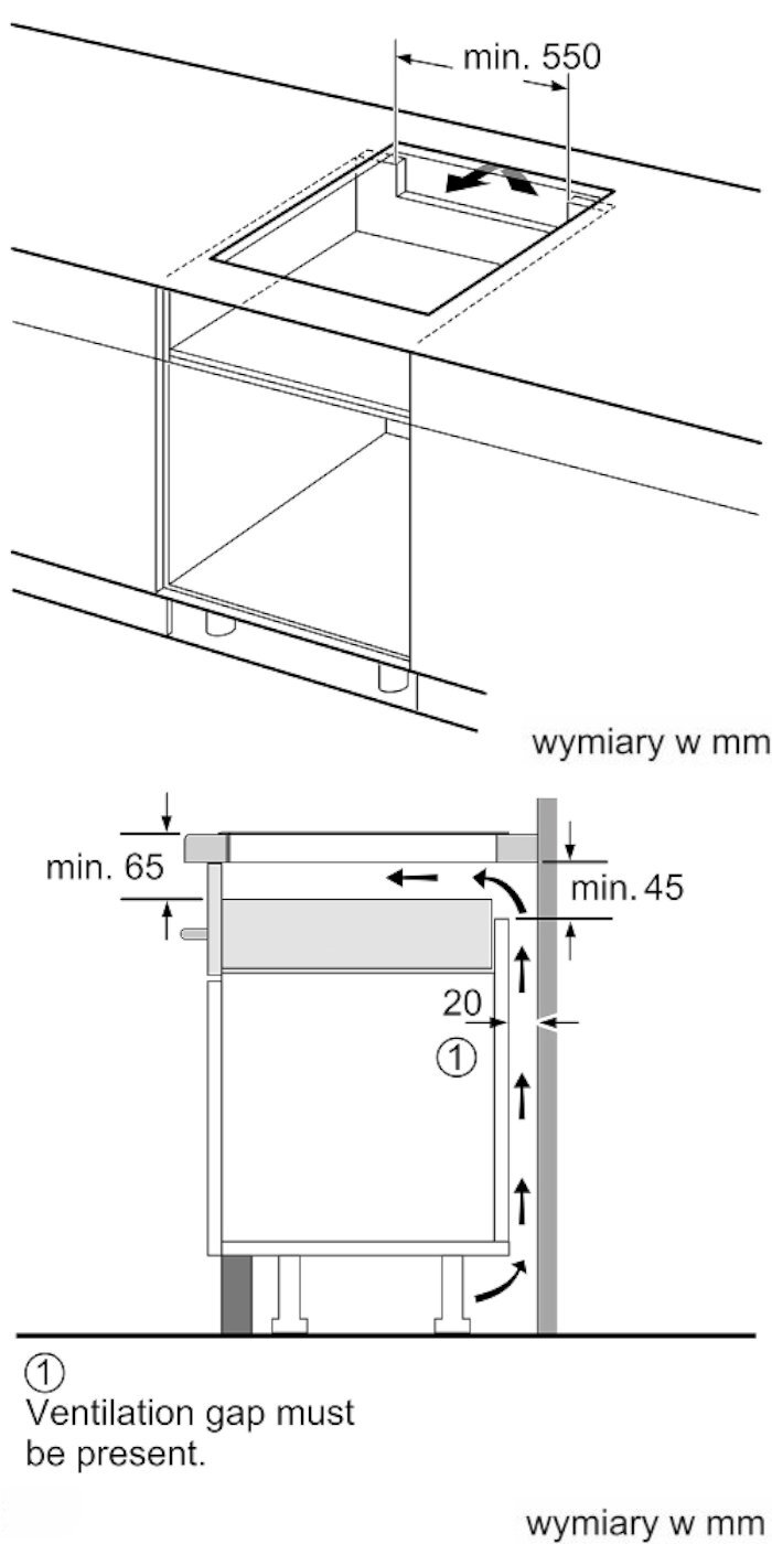 Schemat instalacji płyty indukcyjnej z wymiarami minimalnymi: 550 mm szerokości i 65 mm wentylacji. Tekst: \'Ventilation gap must be present\', \'wymiary w mm\'.
