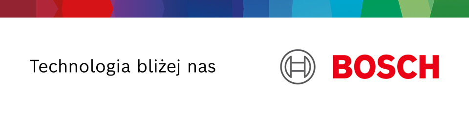 Obraz przedstawia logo BOSCH oraz tekst \'Technologia bliżej nas\' na tle z kolorowymi paskami.