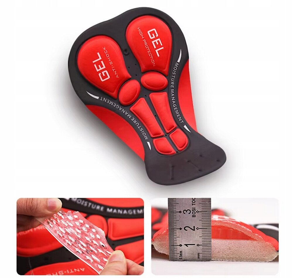 Obraz przedstawia wkładkę żelową w kolorze czerwonym i czarnym z napisami: \'GEL\', \'ANTI-SHOCK\', \'MOISTURE MANAGEMENT\', \'HIP PROTECTOR\'. Dodatkowo widoczne są zbliżenia na teksturę wkładki oraz jej grubość mierzona linijką.