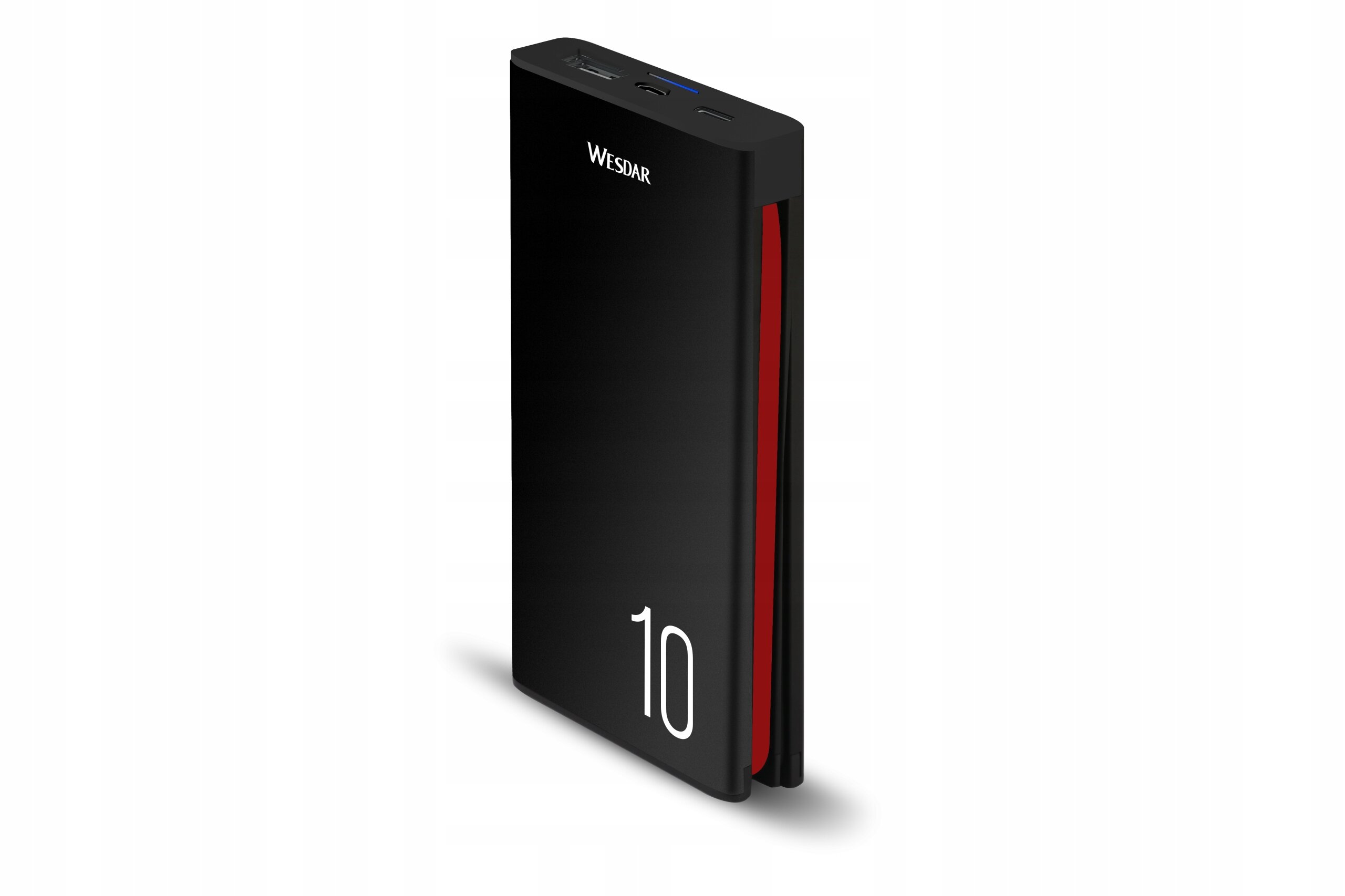 Czarny powerbank z czerwonym akcentem na boku, z widocznym napisem \'WESDAR\' oraz cyfrą \'10\' na przedniej stronie.