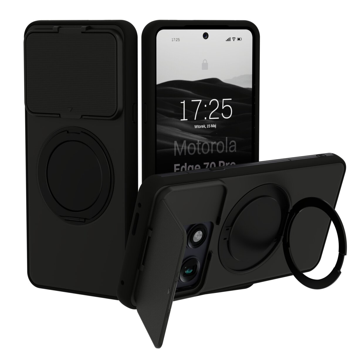Na obrazie widoczne jest czarne etui do telefonu z funkcją ochrony aparatu i podstawką. Na ekranie telefonu wyświetla się godzina 17:25 oraz data Wtorek, 15 Maj, z tekstem \'Motorola Edge 70 Pro\'.