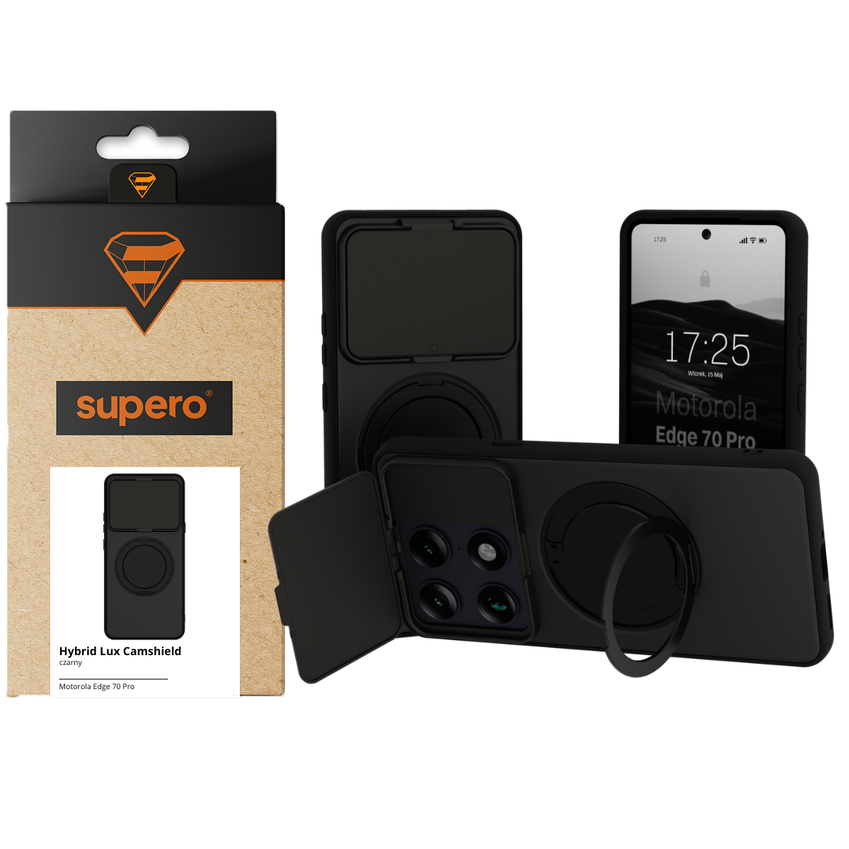 Na obrazie widoczne jest czarne etui do telefonu z funkcją ochrony aparatu i podstawką, obok opakowanie z logo \'supero\'. Na ekranie telefonu widoczny jest napis \'Motorola Edge 70 Fusion\'.