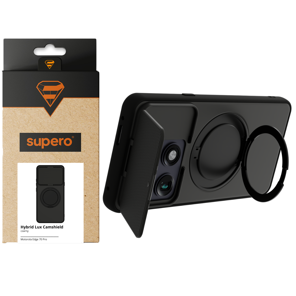 Na obrazie widoczne jest czarne etui na telefon z funkcją ochrony aparatu i podstawką, obok znajduje się opakowanie z logo \'supero\'. Na opakowaniu widnieje napis \'Hybrid Lux Camshield czarny Motorola Edge 70 Fusion\'.