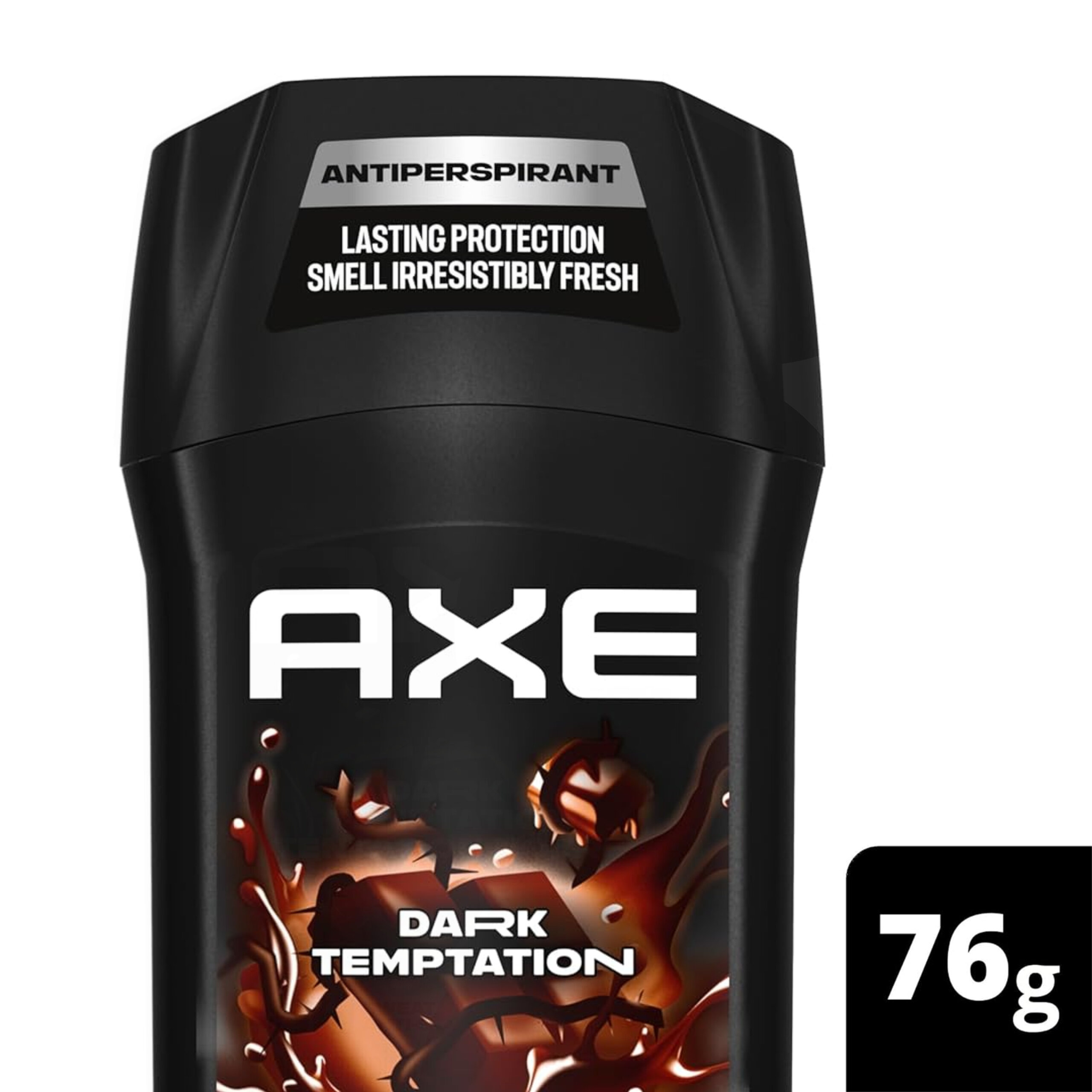 Czarny antyperspirant w sztyfcie z napisem \'AXE DARK TEMPTATION\' oraz informacją \'LASTING PROTECTION SMELL IRRESISTIBLY FRESH\'. Widoczna jest również waga produktu: 76 g.
