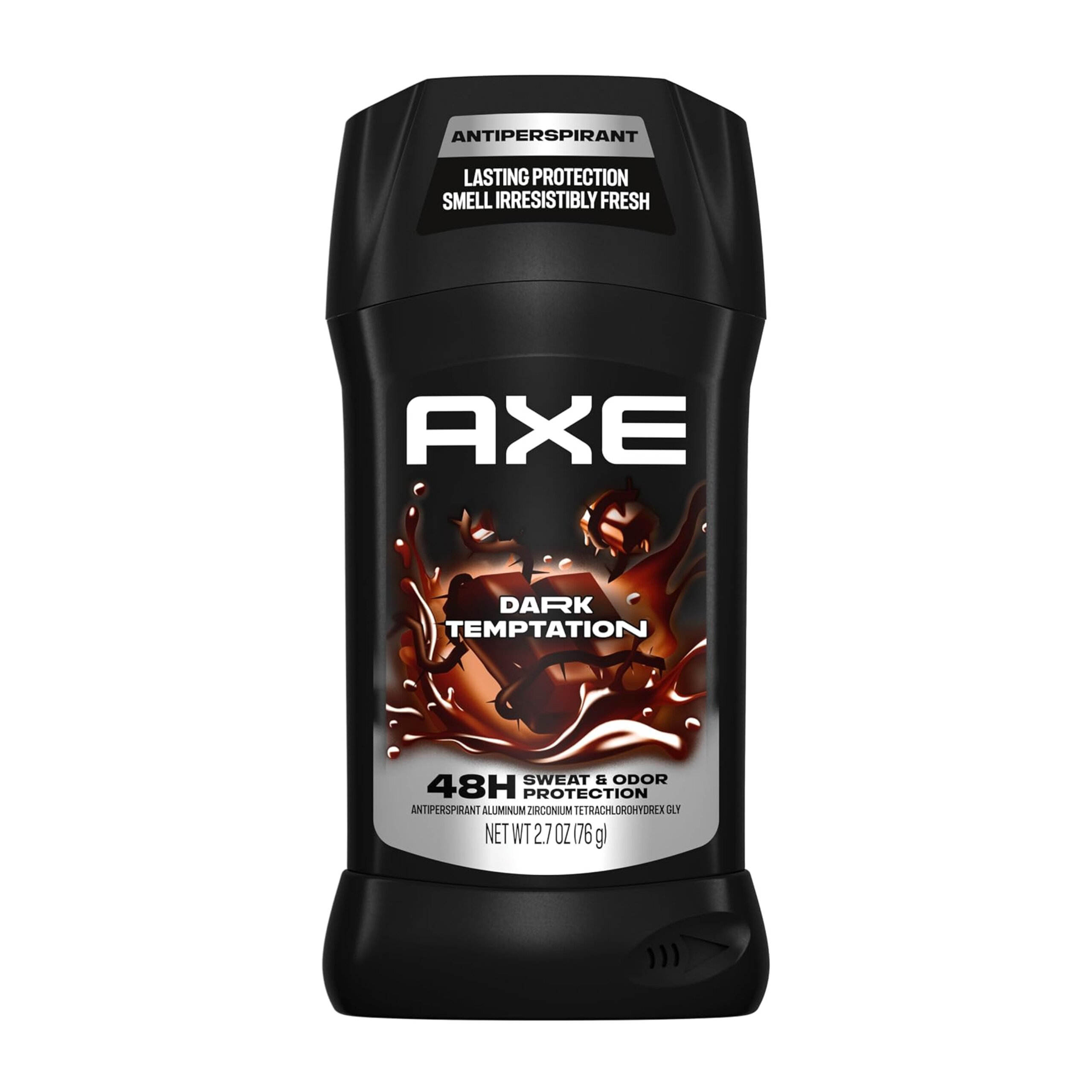 Czarny antyperspirant w sztyfcie z napisem \'AXE DARK TEMPTATION\' oraz grafiką przedstawiającą płynne czekoladowe elementy. Na górze widnieje napis \'ANTIPERSPIRANT LASTING PROTECTION SMELL IRRESISTIBLY FRESH\'.