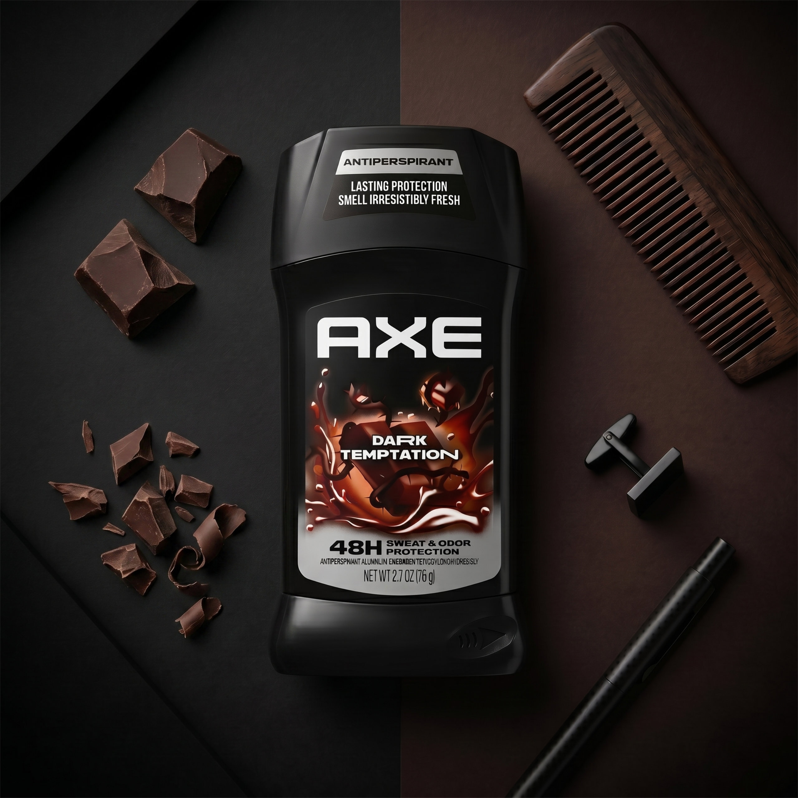 Na obrazie znajduje się czarny antyperspirant w sztyfcie z napisem \'AXE Dark Temptation 48H Sweat & Odor Protection\'. Wokół produktu widoczne są kawałki czekolady, grzebień i spinki do mankietów.