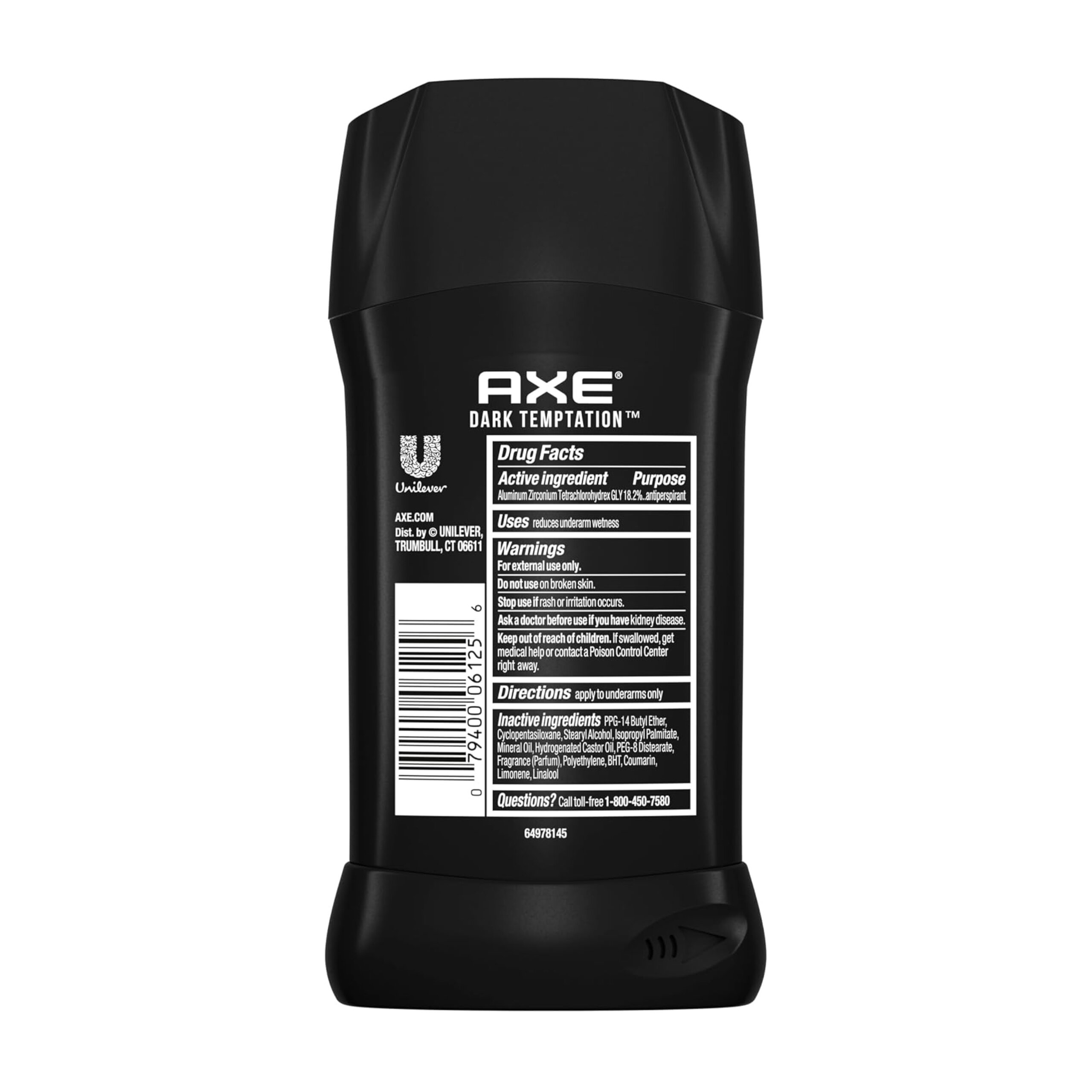Czarny antyperspirant w sztyfcie z napisem \'AXE Dark Temptation\'. Na etykiecie znajdują się informacje o składnikach aktywnych, zastosowaniu oraz ostrzeżenia.