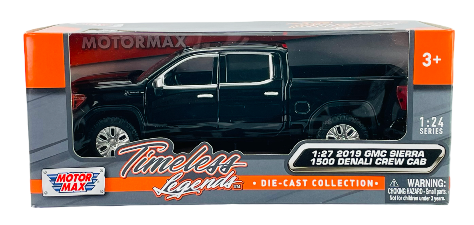 Czarny model samochodu GMC Sierra 1500 Denali Crew Cab w skali 1:27 znajduje się w opakowaniu z napisem \'Timeless Legends\' oraz \'Motormax\'. Na opakowaniu widnieje ostrzeżenie o małych częściach i ograniczeniu wiekowym 3+.