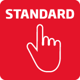 Czerwona ikona z białym napisem \'STANDARD\' oraz symbolem dłoni wskazującej palcem.