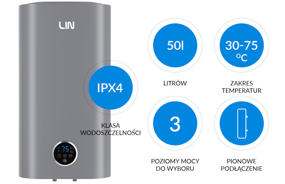 Szary bojler elektryczny z logo LIN, posiada wyświetlacz pokazujący temperaturę 75°C. Obok znajdują się informacje: IPX4 klasa wodoszczelności, 50 l, zakres temperatur 30-75°C, 3 poziomy mocy do wyboru, pionowe podłączenie.