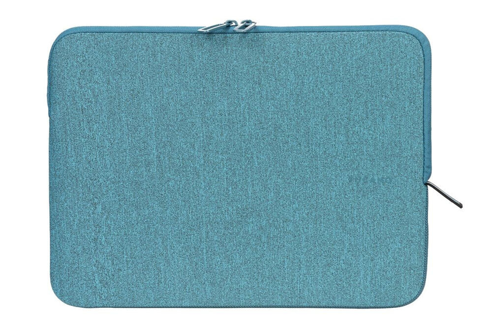 Na obrazie widoczne jest etui na laptopa w kolorze morskim z zamkiem błyskawicznym na górze. Etui ma prostokątny kształt i gładką teksturę.