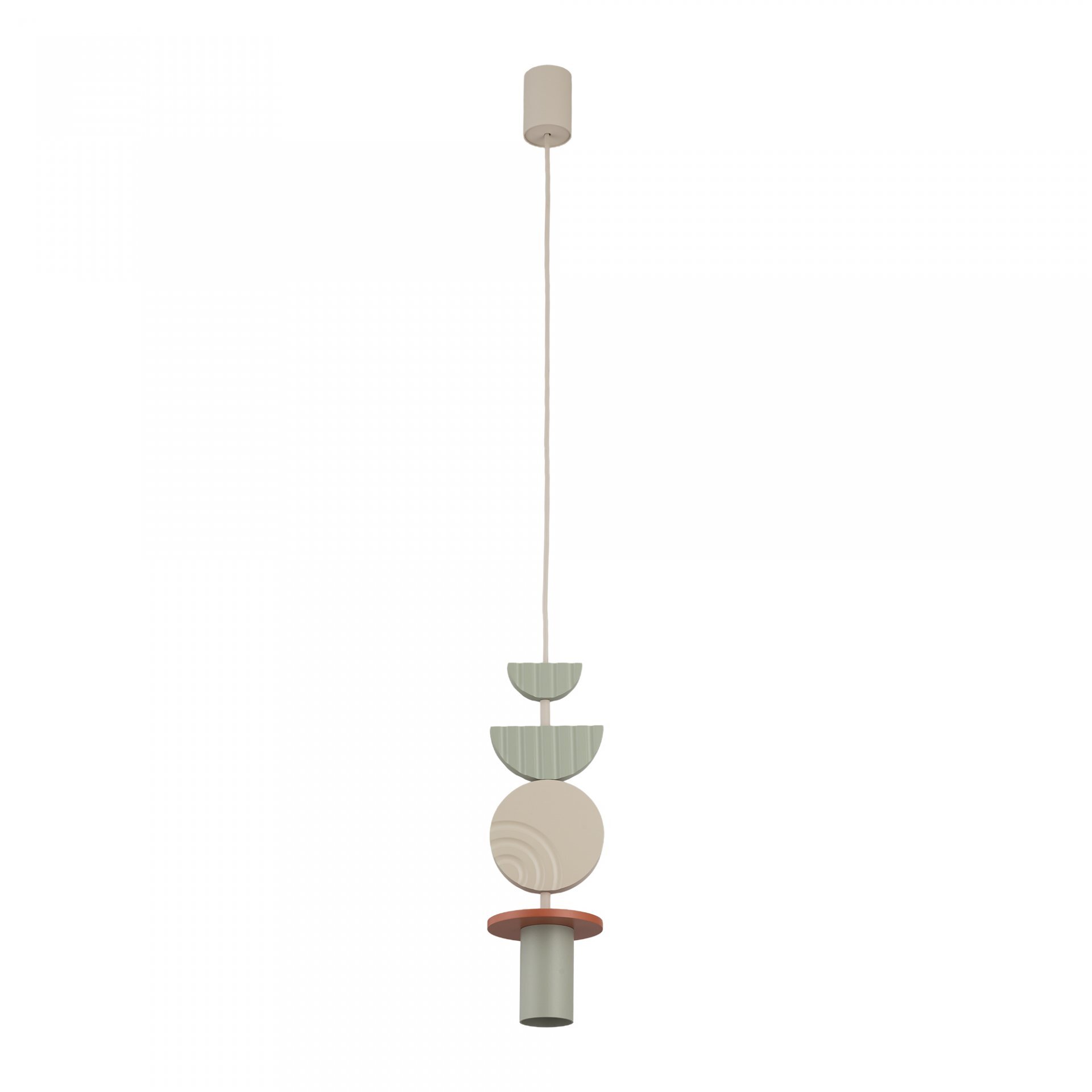 Lampa wisząca o nowoczesnym designie, składająca się z kilku geometrycznych elementów w pastelowych kolorach. Elementy mają kształty półokręgów, koła i walca.