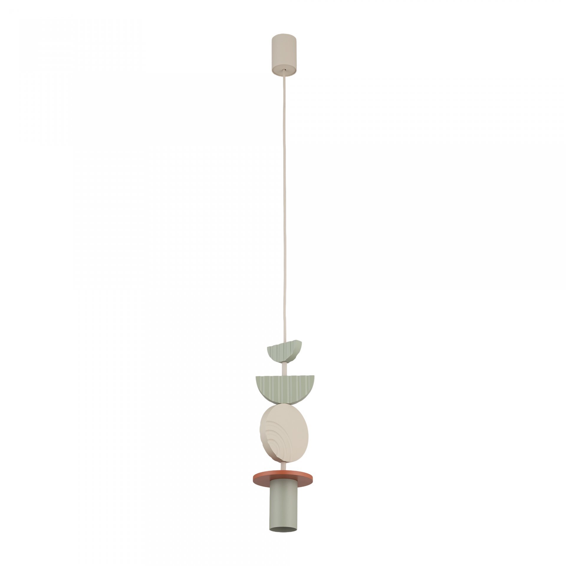 Lampa wisząca o nowoczesnym designie złożona z kilku geometrycznych elementów w pastelowych kolorach, zawieszona na cienkim przewodzie. Elementy mają kształty półokręgów, koła i walca.