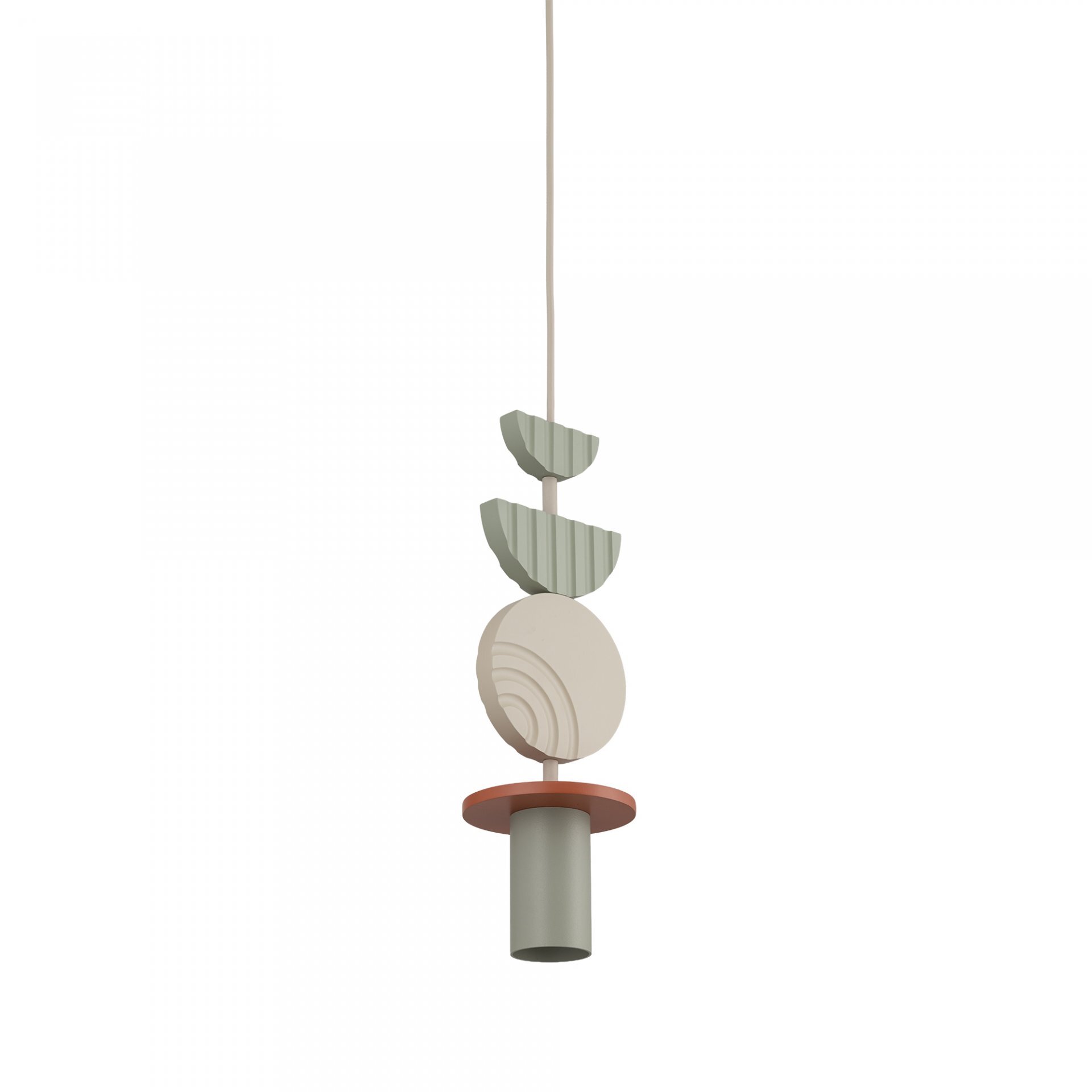 Lampa wisząca o nowoczesnym designie z elementami w kształcie półokręgów i cylindrów w kolorach beżowym, zielonym i pomarańczowym. Elementy są zawieszone na cienkim przewodzie.