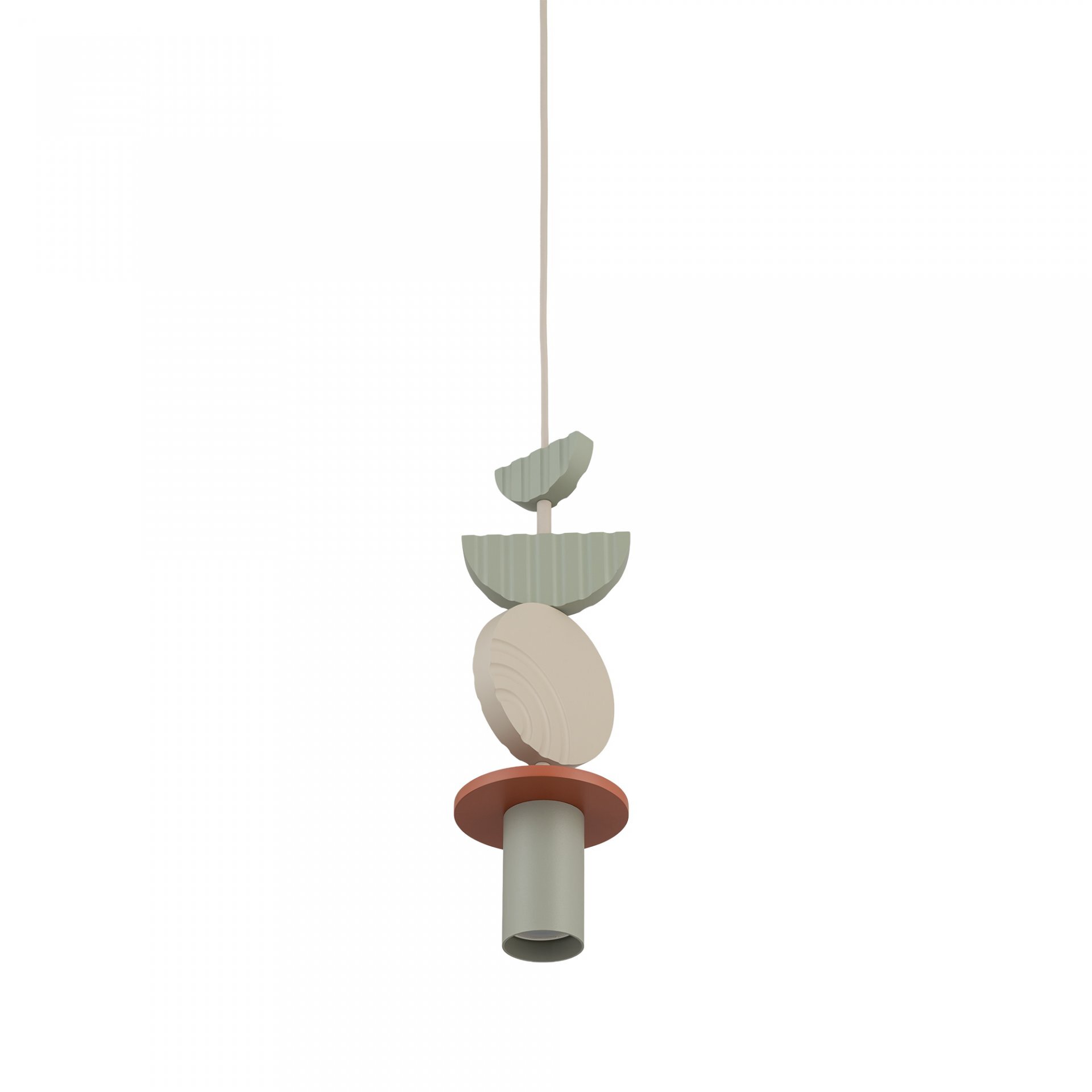Lampa wisząca o nowoczesnym designie, składająca się z kilku geometrycznych elementów w pastelowych kolorach, zawieszona na cienkim przewodzie.